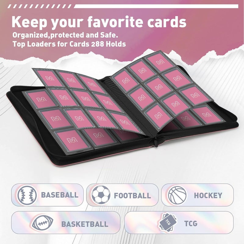 MOSLA Toploader Binder,Trading Card Binder Storage Hold up 288 Cards 9-Pocket Top Loader Binder with Sleeves for 3"x4" Rigid Toploaders Hard Cases(9Pink7) - Image 3
